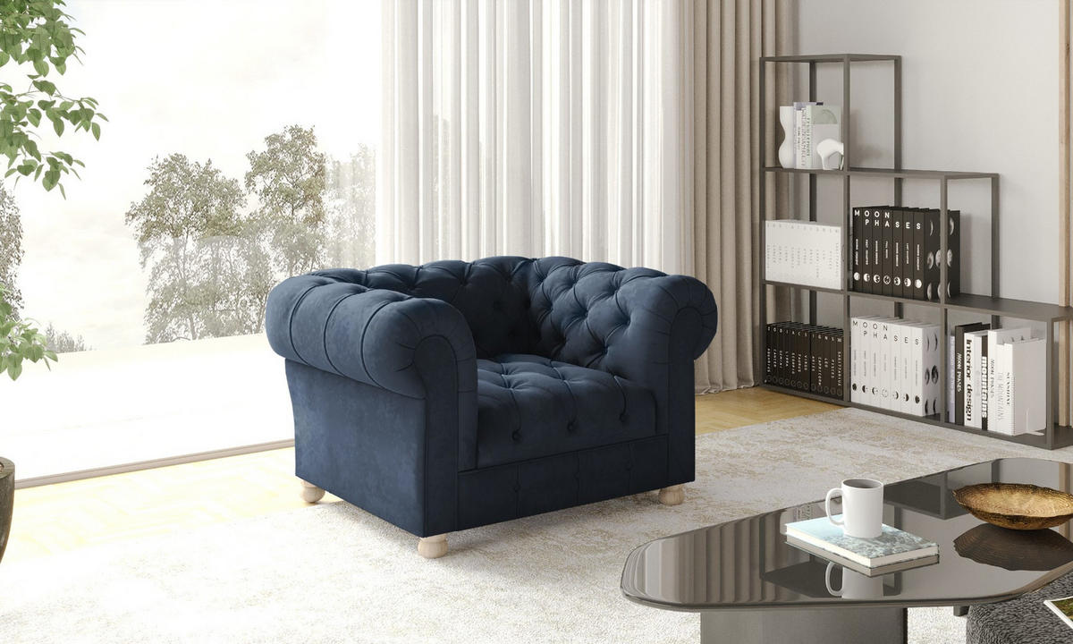 SESSEL CHESTERFIELD Elegant Klassisch Schick Stoff Whisper Velours Blau - Blau, Holz (112/77/90cm) - Kaiser Möbel