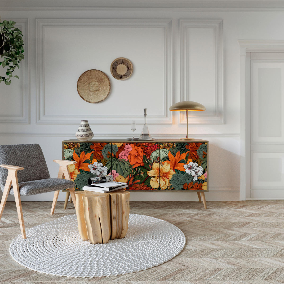 SIDEBOARD RADIANT FLORA, Eicheneffekt, 164,5x42x77,5 cm, 3 Türen - Eichefarben/Buchefarben, Holzwerkstoff/Buchenholz (164.5/77.5/42cm) - SpaceRebels
