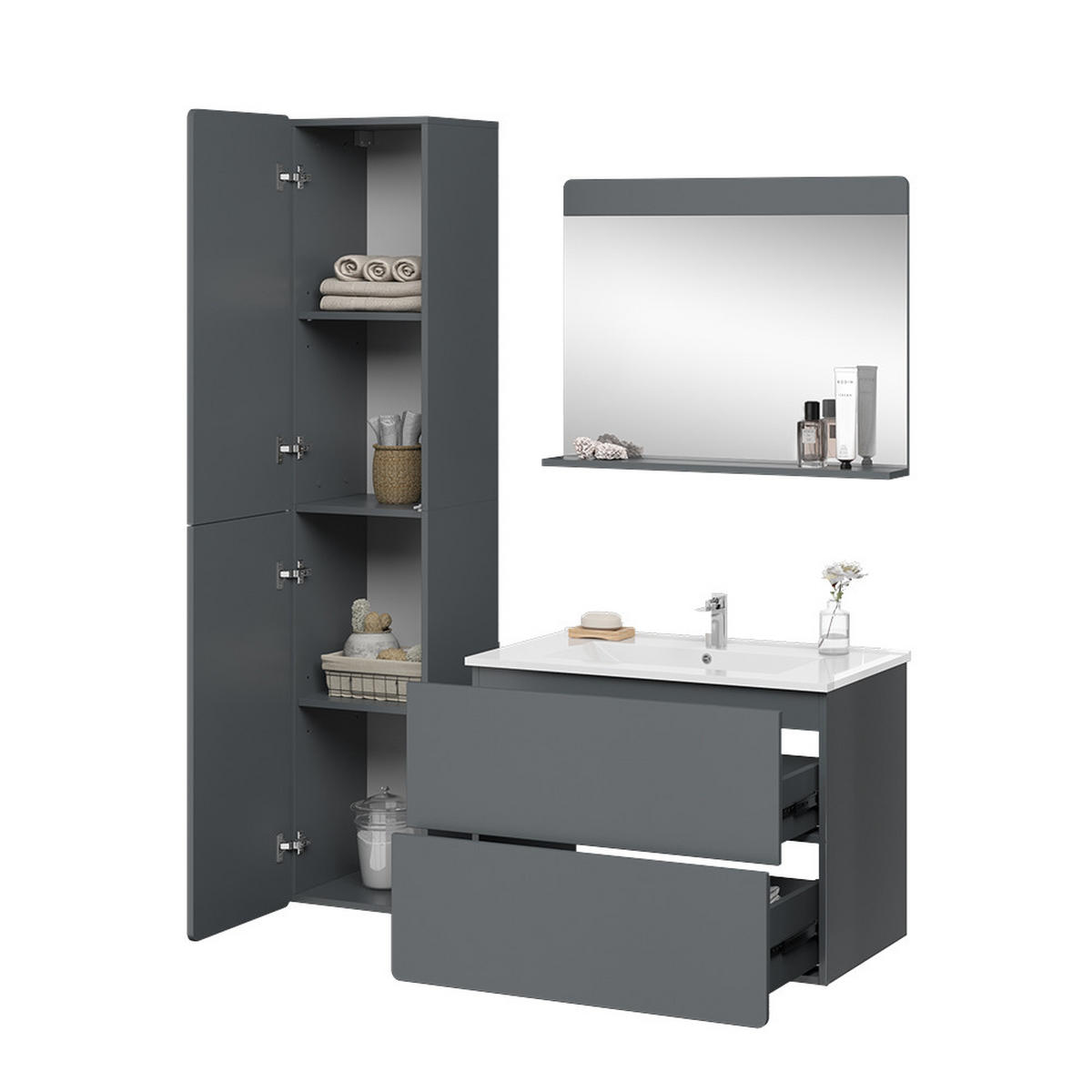 BADMÖBEL-SET Izan Grau 4 Teile mit Hochschrank - Grau, Holzwerkstoff (80/59.3/46cm) - Vicco