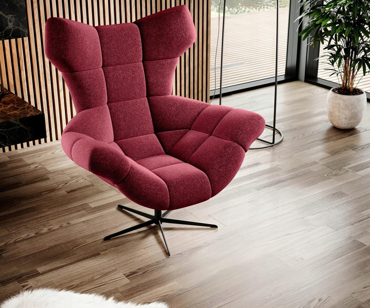 SESSEL SENSI Relaxstuhl mit 360° Drehung und Schwingfunktion – Lux-Schaumkissen, Bordeaux, 104x46x119 cm - Rot/Schwarz, Holz/Textil (104/119/84cm) - DomoHome