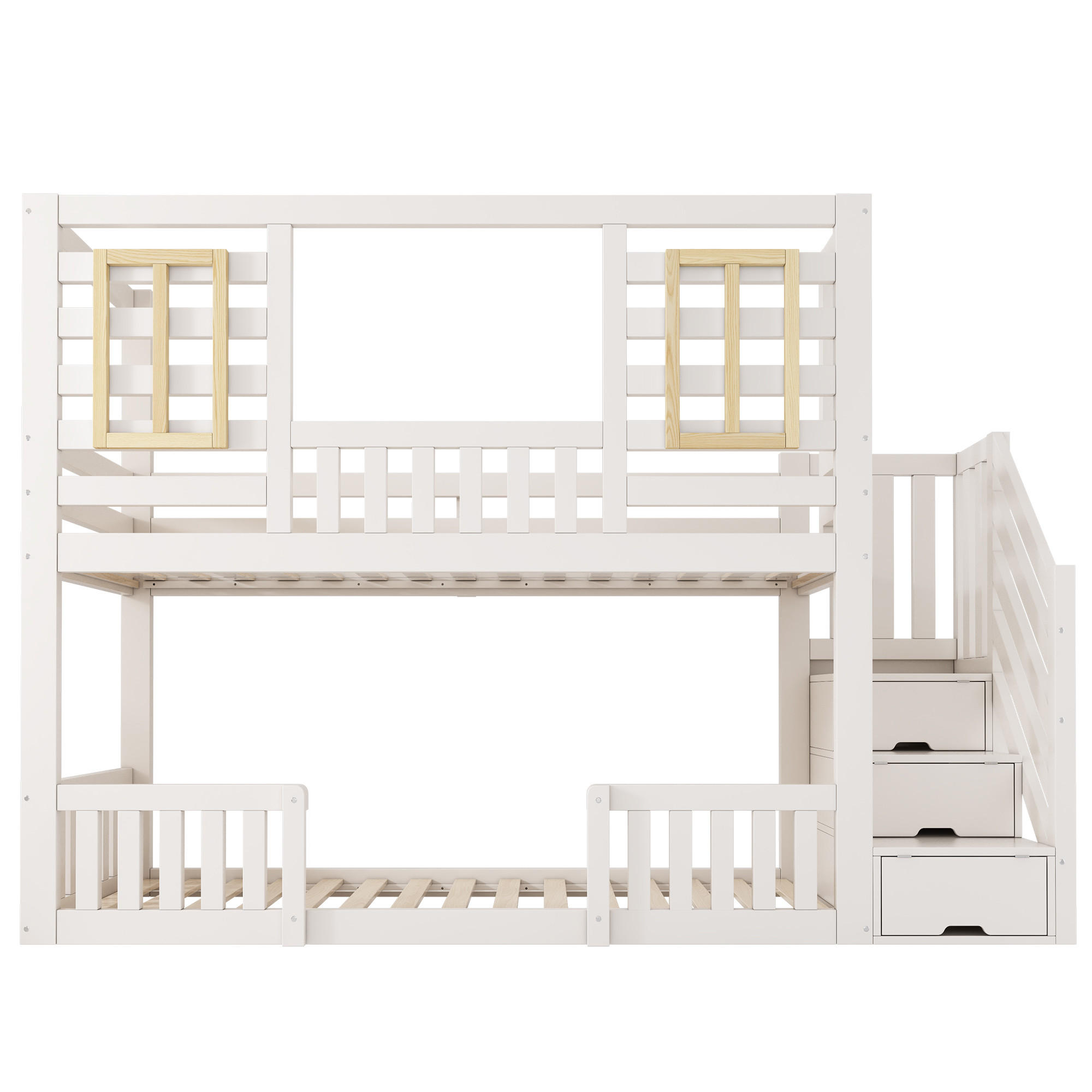 ETAGENBETT 90/200 cm Weiß mit Holzfenstern und Treppenschrank - Weiß, Holz (90/200cm) - Oxeza