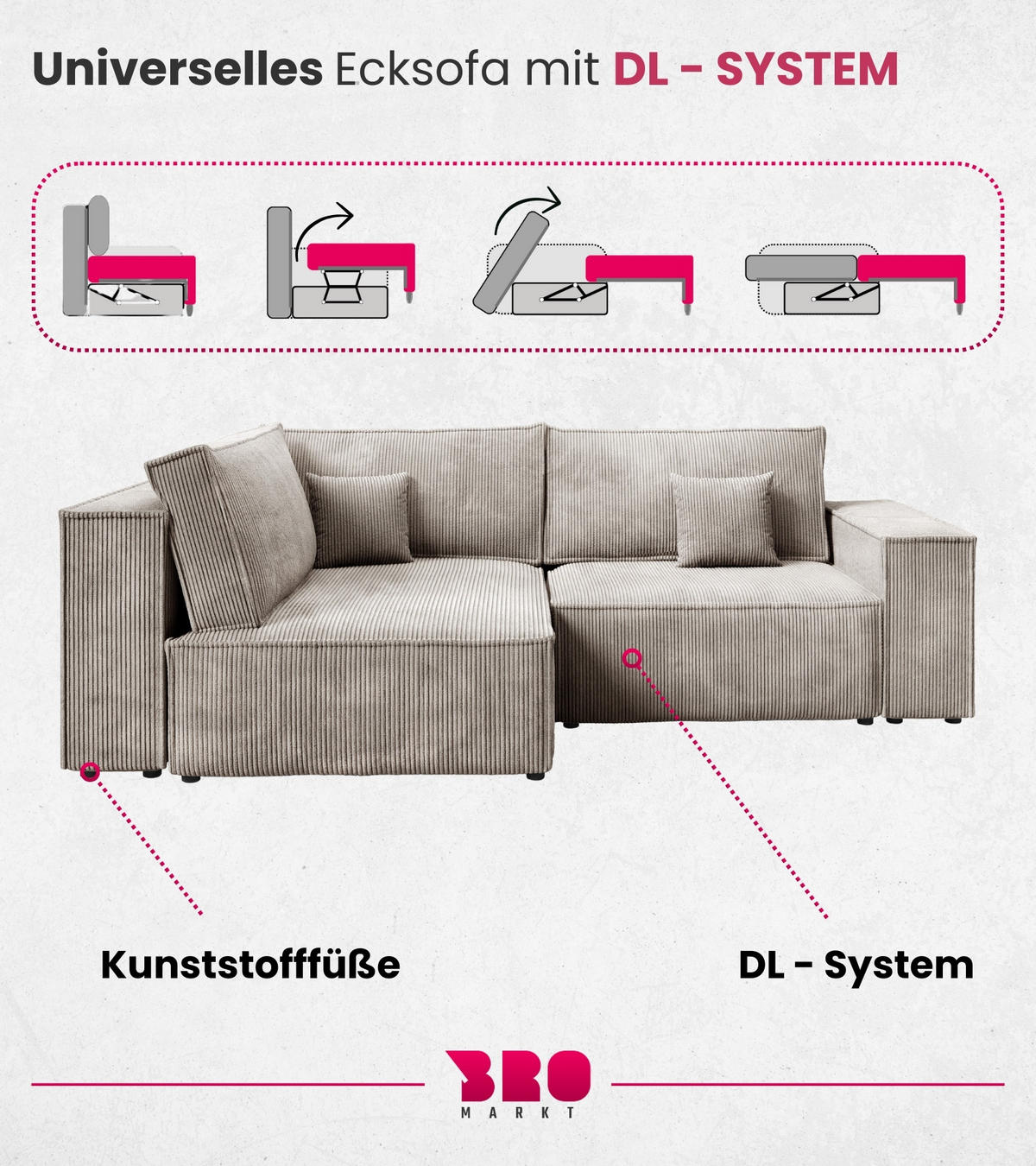 ECKSOFA Pedro Duo mit Schlaffunktion Beige Cord - Beige, Textil (246/153cm) - Bromarkt