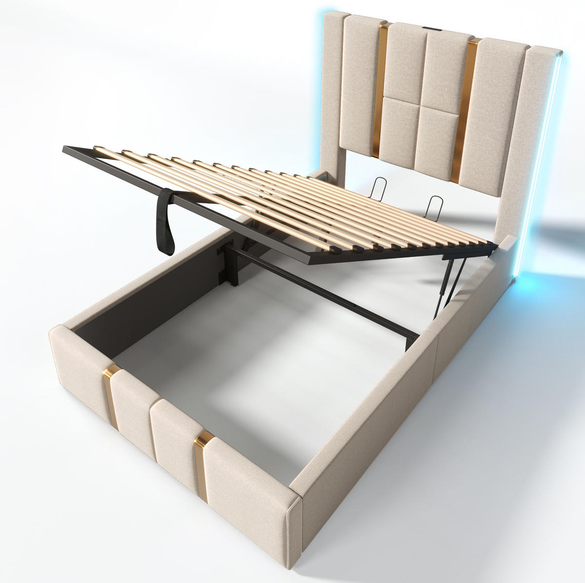 POLSTERBETT 90/200 cm mit Bettkasten, LED-Beleuchtung und gepolstertem Kopfteil - Beige, Textil (90/200cm) - BEAOK