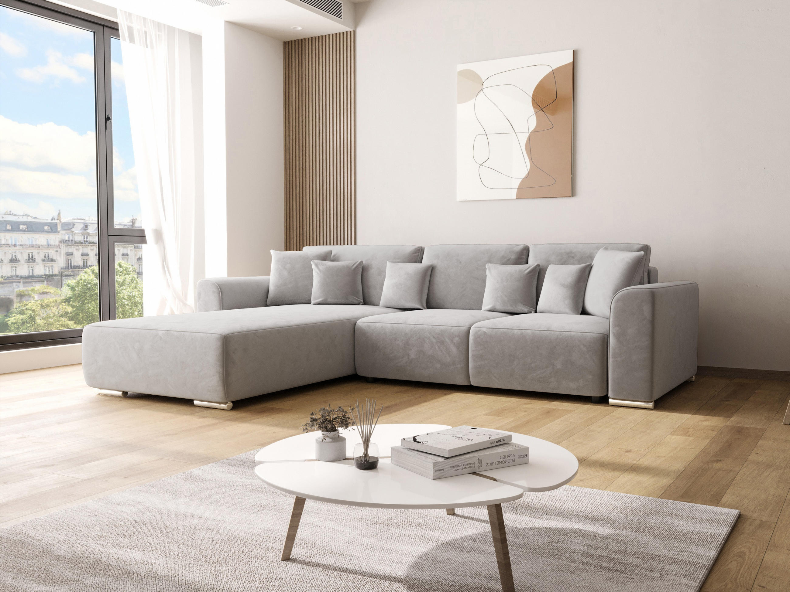 ECKSOFA GUSTO L Monolith 84 Links mit Schlaffunktion - Silberfarben, Textil (279/193cm) - Bedante