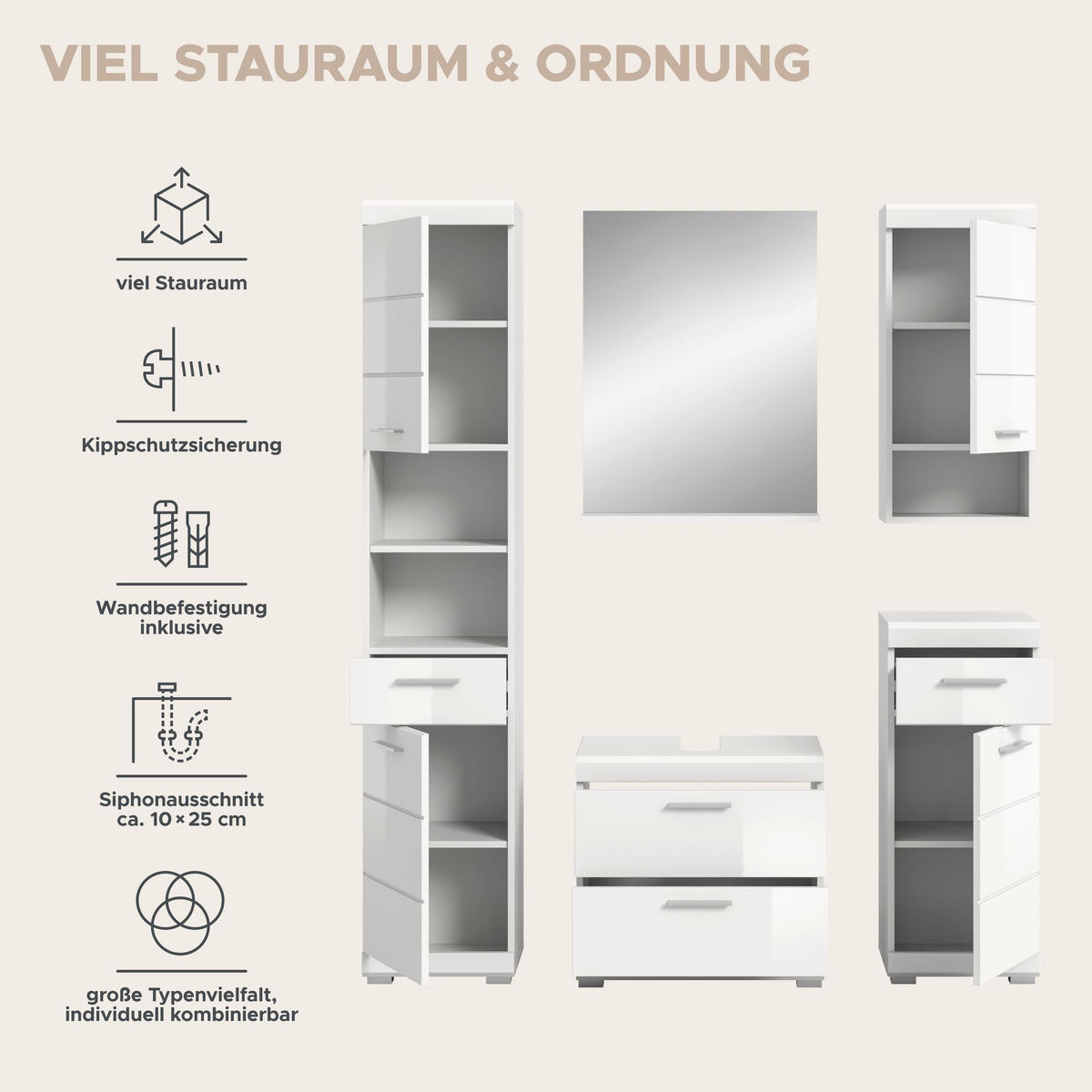 BADKOMBINATION 5tlg. Scout Bad in weiß Nachbildung und weiß hochglanz B/H/T: 164x191x37 cm - Weiß, Holz (164/191/37cm)