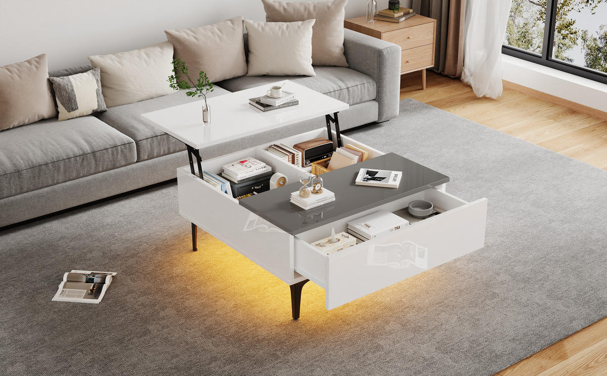 COUCHTISCH in Weiß höhenverstellbarer Kaffeetisch mit Stauraum und LED für Wohnzimmer, B70/T70/H35cm - Schwarz/Weiß, Holzwerkstoff (70/70/35cm) - STILVORA