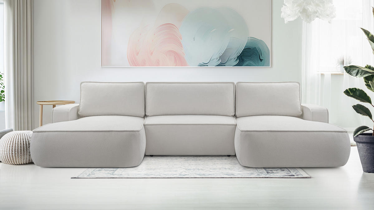 WOHNLANDSCHAFT Ablia Hellgrau 364/168/87 cm mit Schlaffunktion - Hellgrau/Schwarz, Kunststoff/Textil (364/87/168cm) - AX Living
