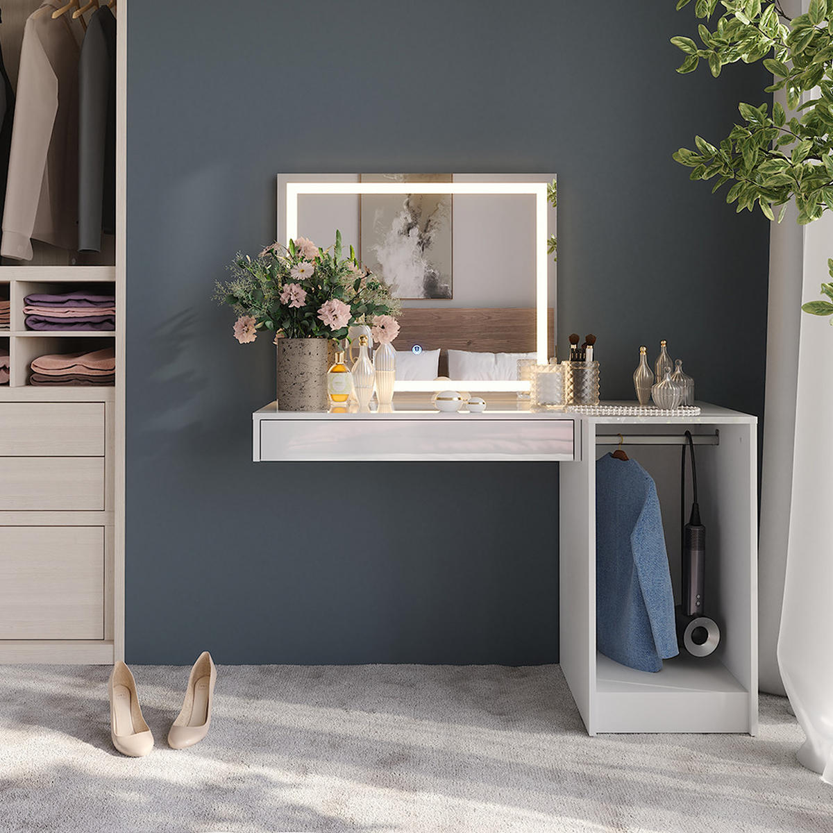 SCHMINKTISCH Sherry Weiß/Weiß Hochglanz 120 cm 3 Teile - Weiß Hochglanz, Holzwerkstoff (120/76/50.1cm) - Vicco