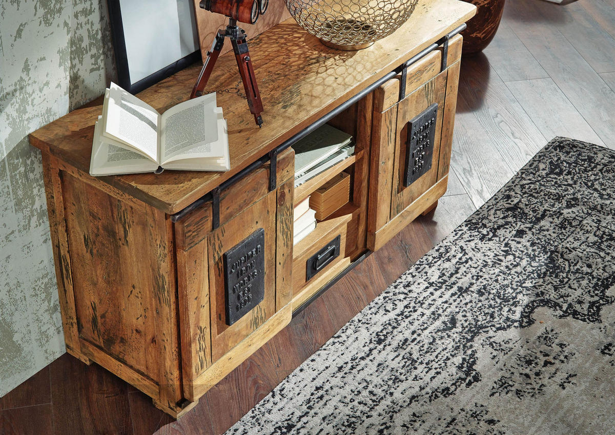SIDEBOARD Mango 128x45x70 natur lackiert RAILWAY #102 - Naturfarben, Holz (128/70/45cm) - Massivmoebel24