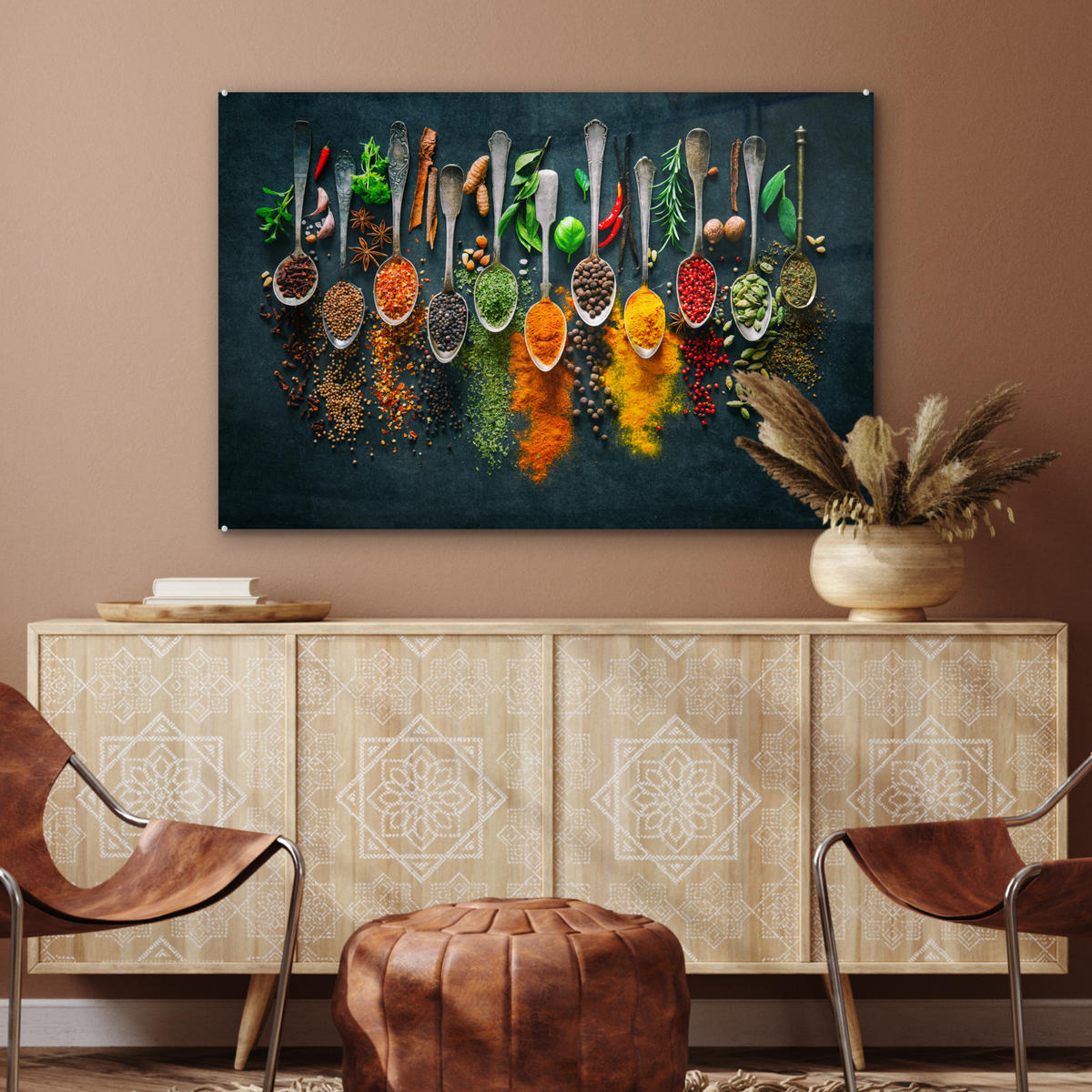 ACRYLGLASBILD Kräuter - Gewürze - Löffel 120x80 cm - Currygelb, Glas (120/80cm) - MuchoWow
