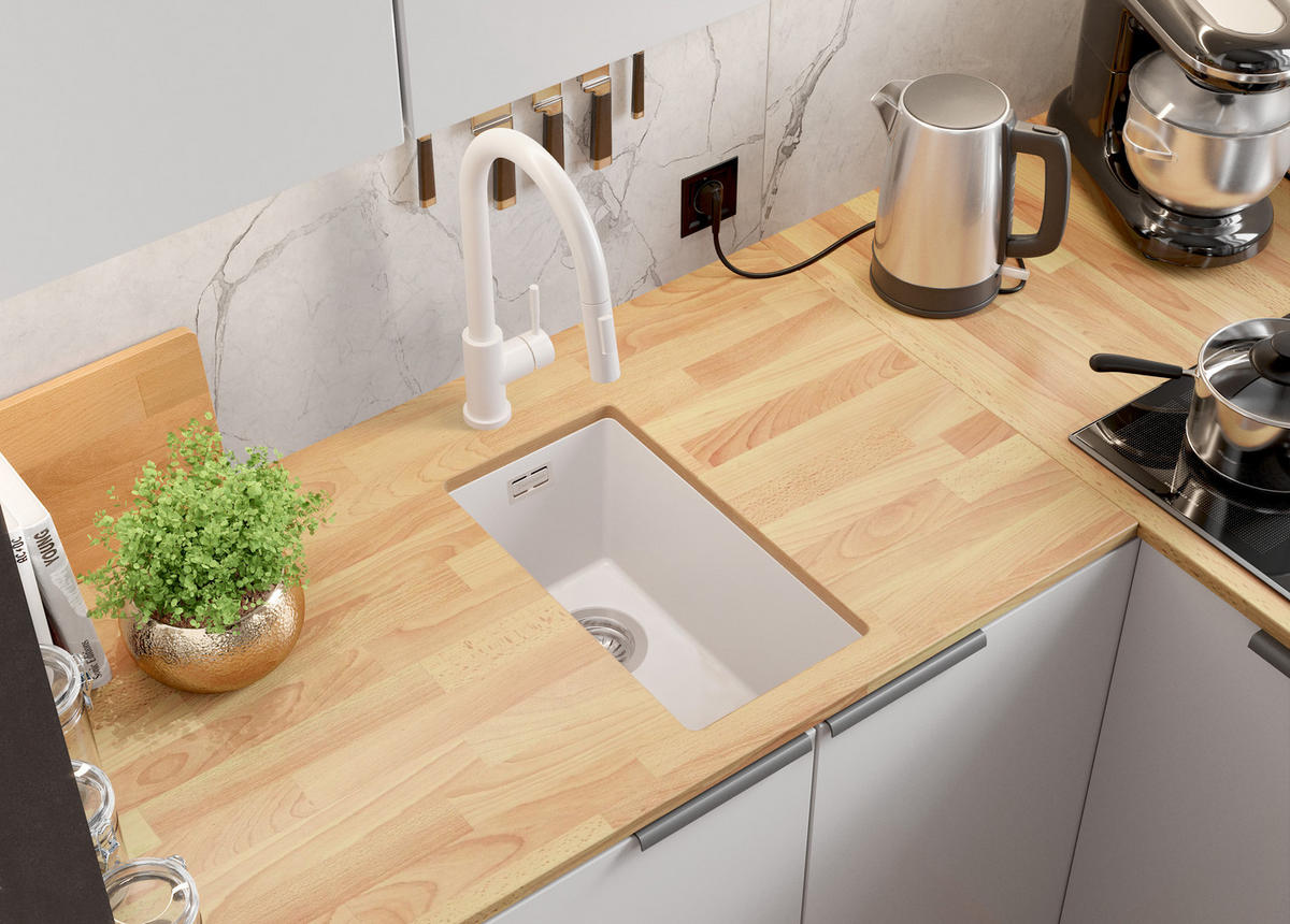 UNTERBAUSPÜLE GRANIT London, 2-er set Alles Weiß 26/47 cm 1 Becken + Küchenarmatur 38/14 cm + Ablauf-Set ab 30er Unterschrank - Weiß, Kunststoff (26/20/47cm) - Primagran