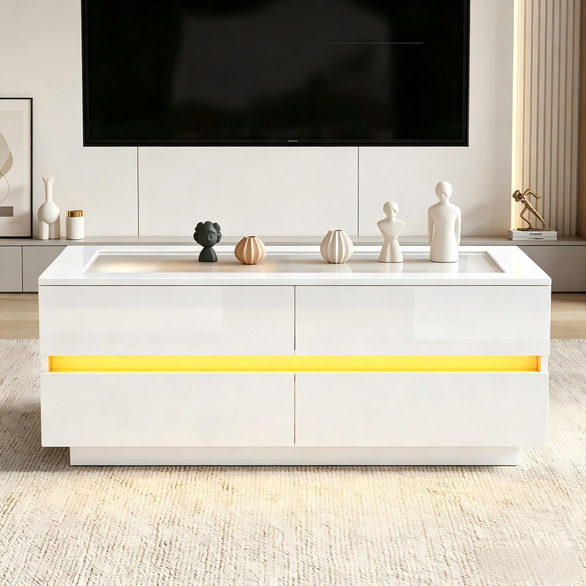 COUCHTISCH mit Glasplatte, 4 Schubladen & LED, Hochglanz Weiß modern, stabile Spanplatte - Weiß, Glas/Holzwerkstoff (100/50/40cm) - EVRYAE