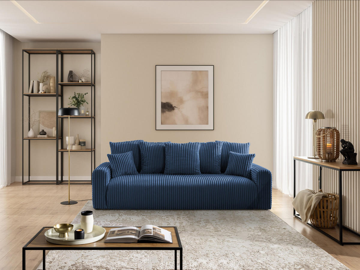 SCHLAFSOFA Calma mit Bettkasten im Bumpy-Design aus weichem Marineblau Plüschcord - Blau/Schwarz, Holz/Kunststoff (239/88/98cm) - S-Style