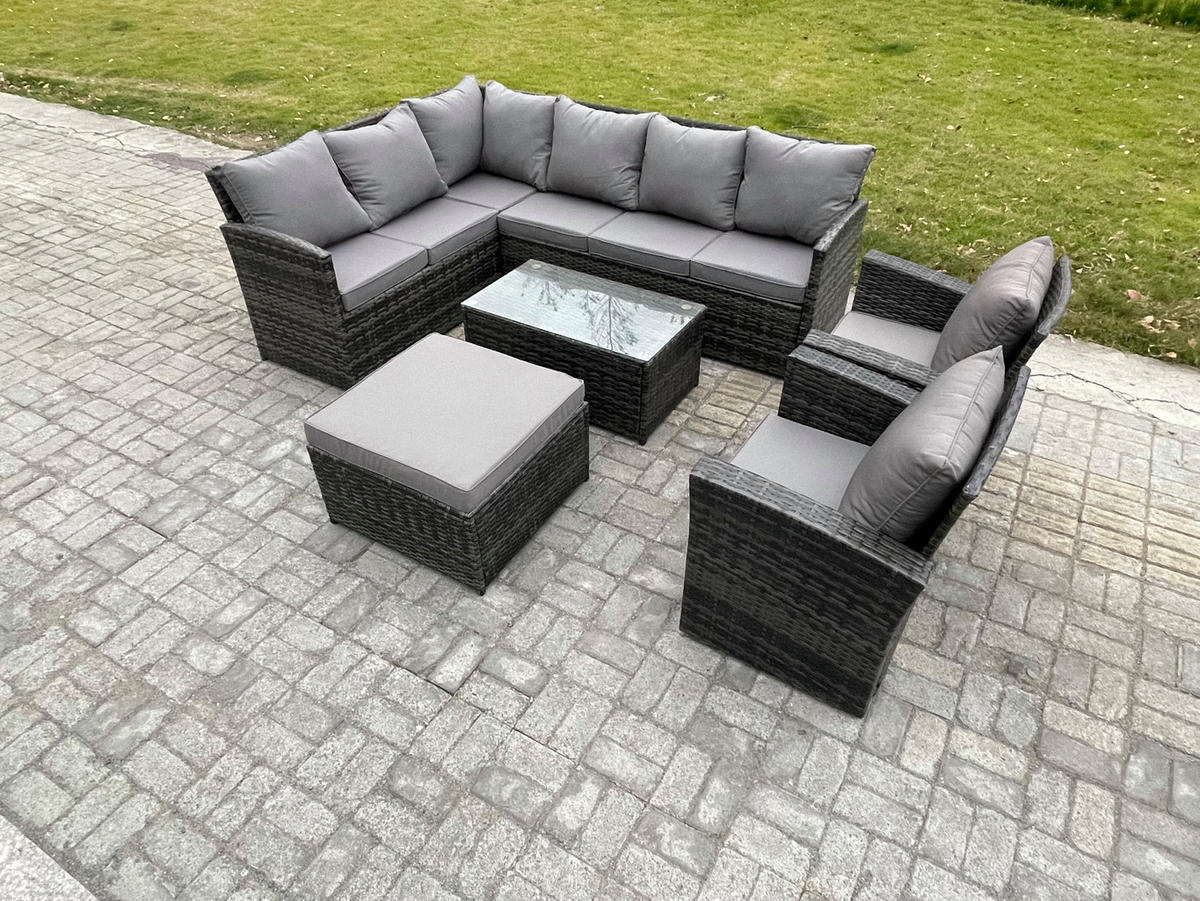 SITZGRUPPE mit Ecksofa,Länglicher Couchtisch ,Hocker,2 Stühle Polyrattan 9-Sitzer - Dunkelgrau/Grau, Glas/Kunststoff - Fimous
