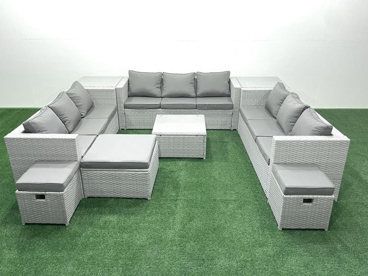 GARTENMÖBELSET mit 3-SITZER SOFA,COUCHTISCH Polyrattan Hellgrau-Mix 12-Sitzer - Hellgrau/Grau, Glas/Kunststoff - Fimous