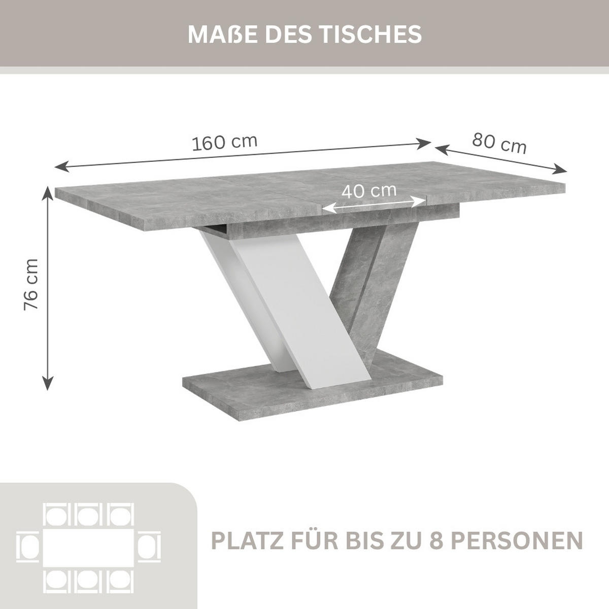ESSTISCH Grau Betonoptik und Weiß Ausziehbar 120 - 160 cm - Weiß/Grau, Holzwerkstoff (120/80/76cm) - PROSPERO