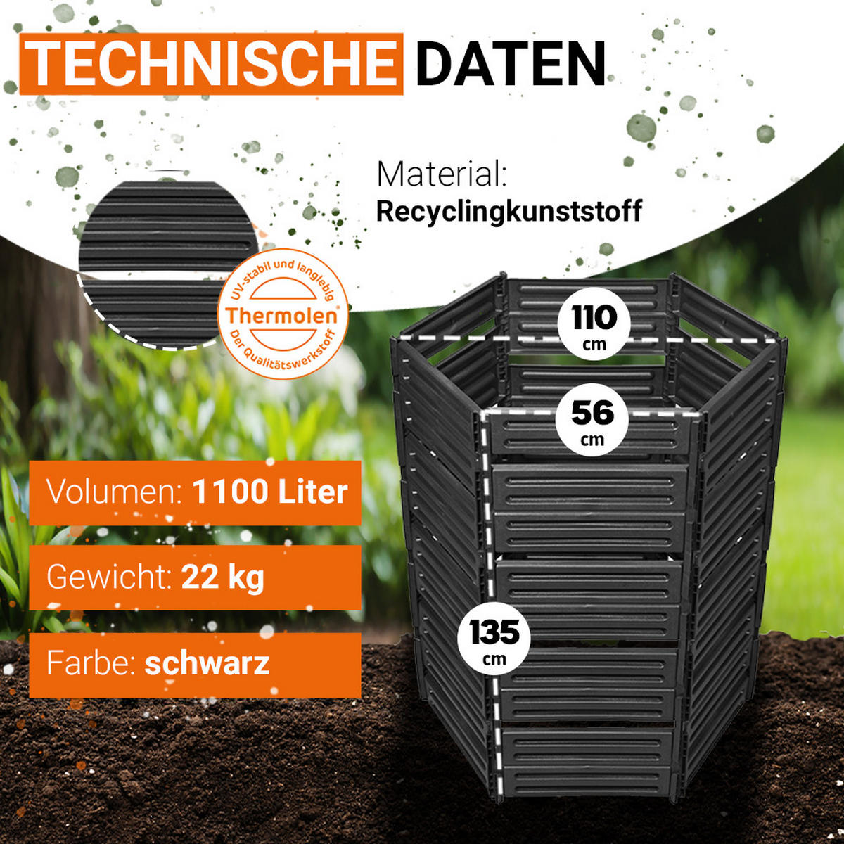 STECKKOMPOSTER 1100 L, schwarz - Schwarz, Kunststoff (111/135/111cm) - GARANTIA