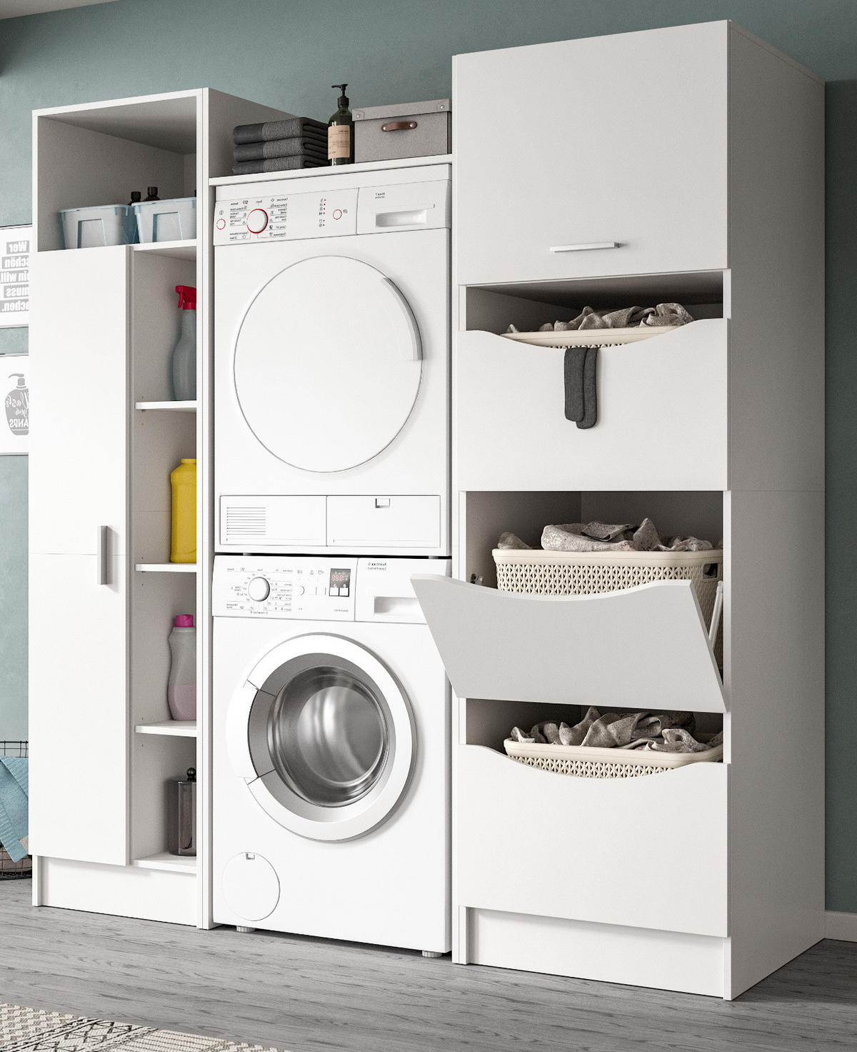 WASCHMASCHINENSCHRANK weiß Set 3-teilig 176 cm, Waschmaschinenumbau mit Stauraum - Silberfarben/Weiß, Glas/Holzwerkstoff (176/195/68cm) - Inn.Furn