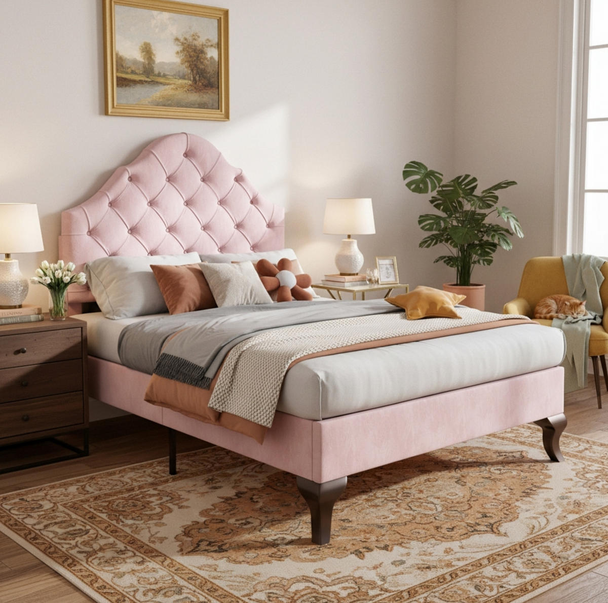 POLSTERBETT 90/200 cm Pink aus Samt mit höhenverstellbarem Kopfteil - Rosa, Textil (90/200cm) - OKMYHOME