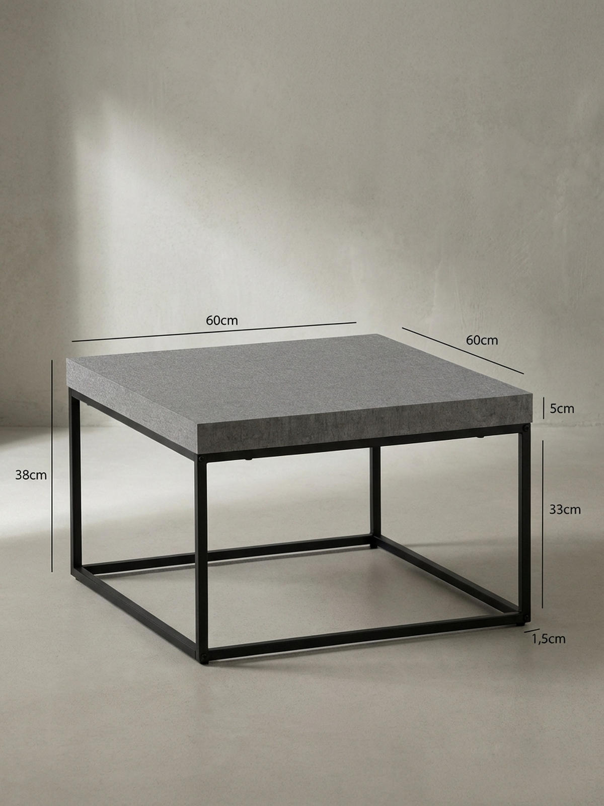 COUCHTISCH in Stein-Optik mit Metallbeinen im modernen Design, Grau 60x60x38 cm - Schwarz/Grau, Holzwerkstoff/Metall (60/60/38cm) - KADIMA DESIGN