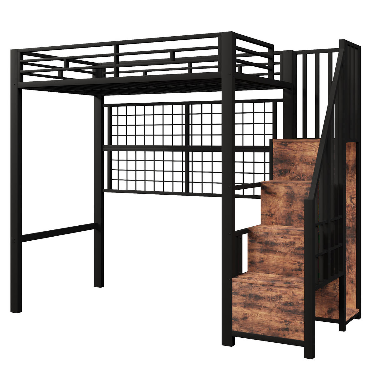 HOCHBETT aus Metall und MDF 90x200 cm Schwarz mit Stauraumleiter, Kleiderschrank und LED - Schwarz, Metall (90/200cm) - IVMEU