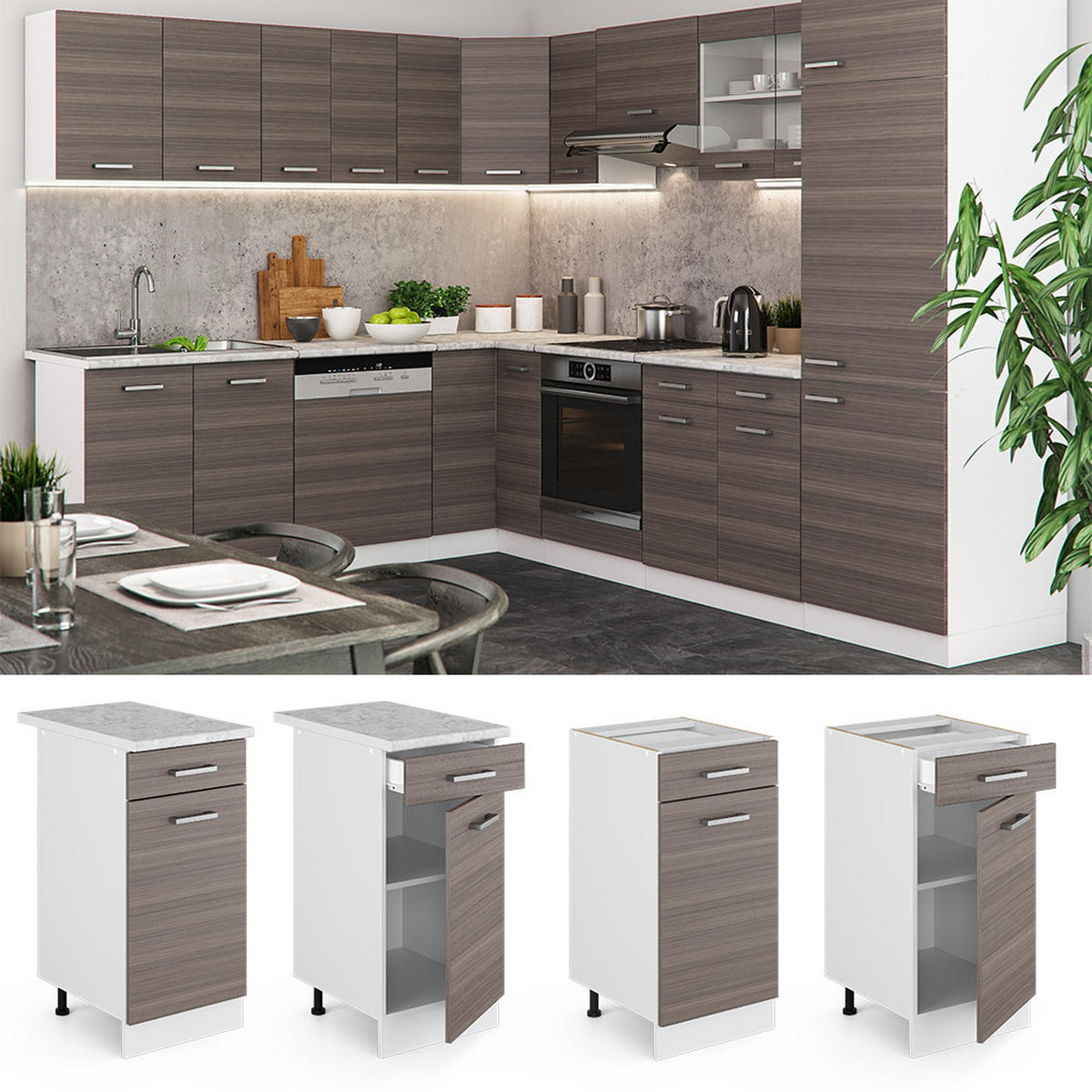 KÜCHENUNTERSCHRANK R-Line Grau 40 cm, AP Eiche - Weiß/Braun, Holzwerkstoff (40/81.6/60cm) - Vicco