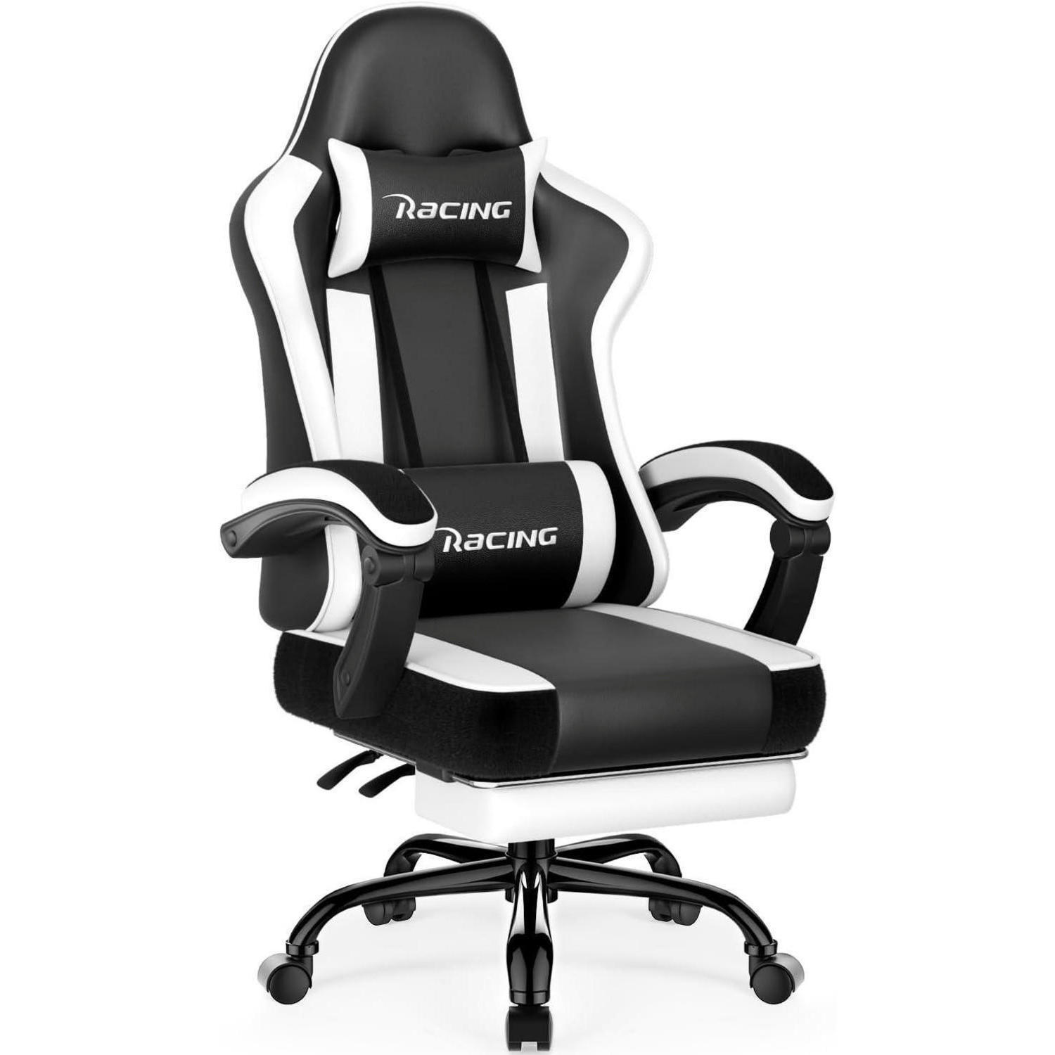 GAMING Stuhl ergonomisch mit Fußstütze und verstellbaren Kissen Weiß - Multicolor, Kunststoff (71/139/71cm)