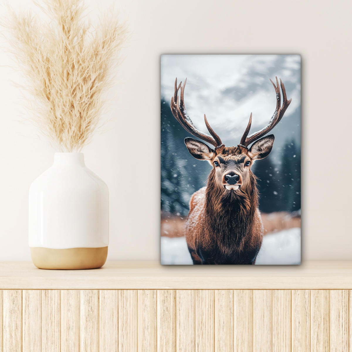 LEINWANDBILD Hirsche - Tiere - Landschaft - Winter - Schnee 20x30 cm - Kastanienfarben, Textil (20/30cm) - MuchoWow