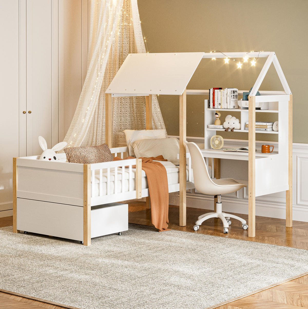 HAUSBETT aus 90x200 cm Weiß mit Schreibtisch, Bücherregal, Rollschubladen und Rausfallschutz - Weiß, Holzwerkstoff (90/200cm) - Modfu