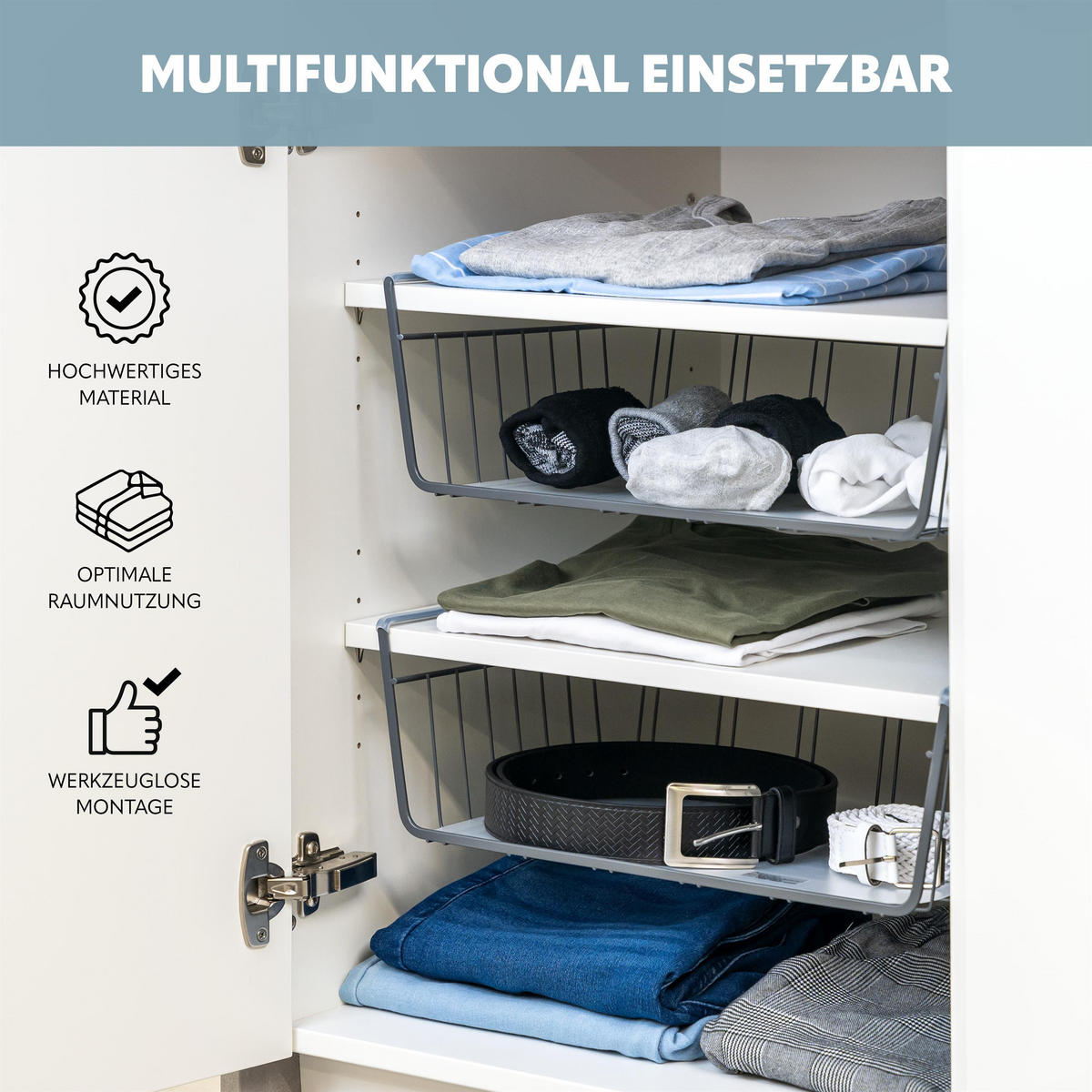 SCHRANKKORB 2er-Set inkl. Einlegeboden, grau - Grau, Metall (41/14/26cm) - eluno