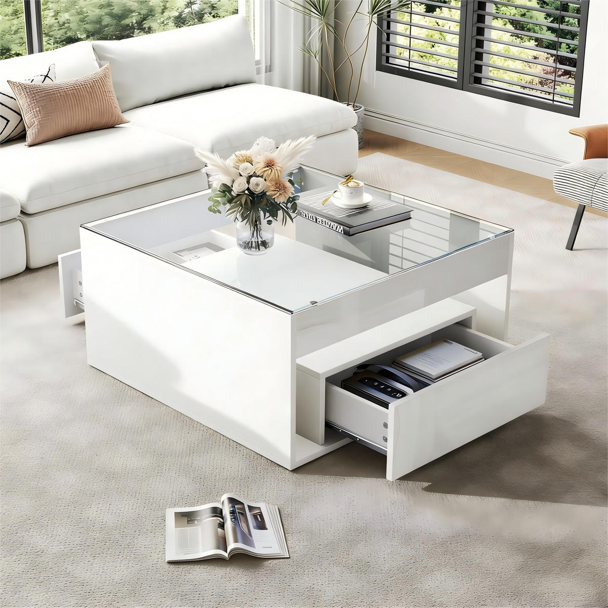 COUCHTISCH 70/70/35 cm Weiß aus Holzwerkstoff mit Glasplatte und LED-Lichtstreifen - Weiß, Holzwerkstoff (70/70/35cm) - OKWISH