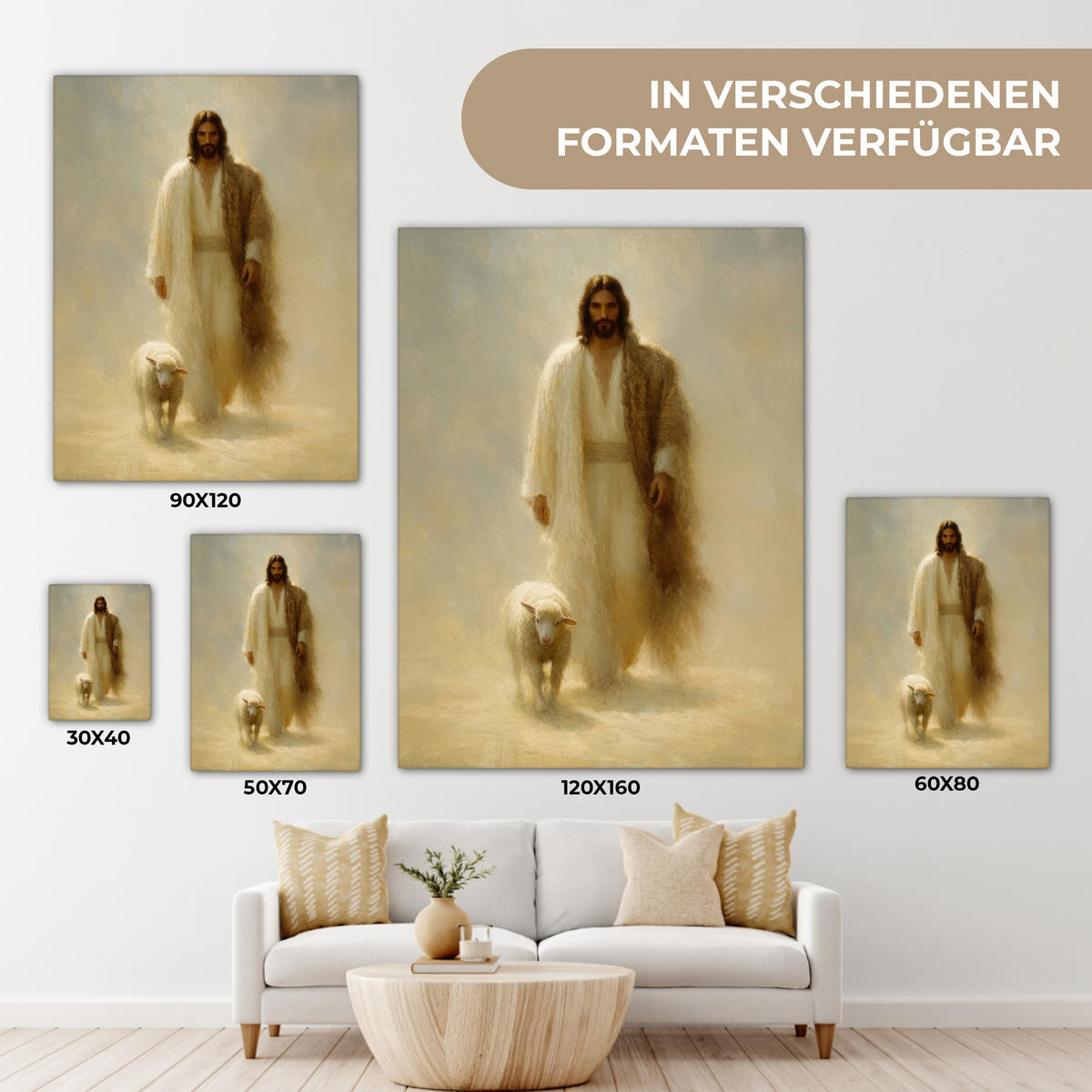 LEINWANDBILD Schaf - Jesus - Pinselstriche - Abstrakt Wandbild Wohnzimmer 60x80 cm - Sandfarben, Textil (60/80cm) - MuchoWow