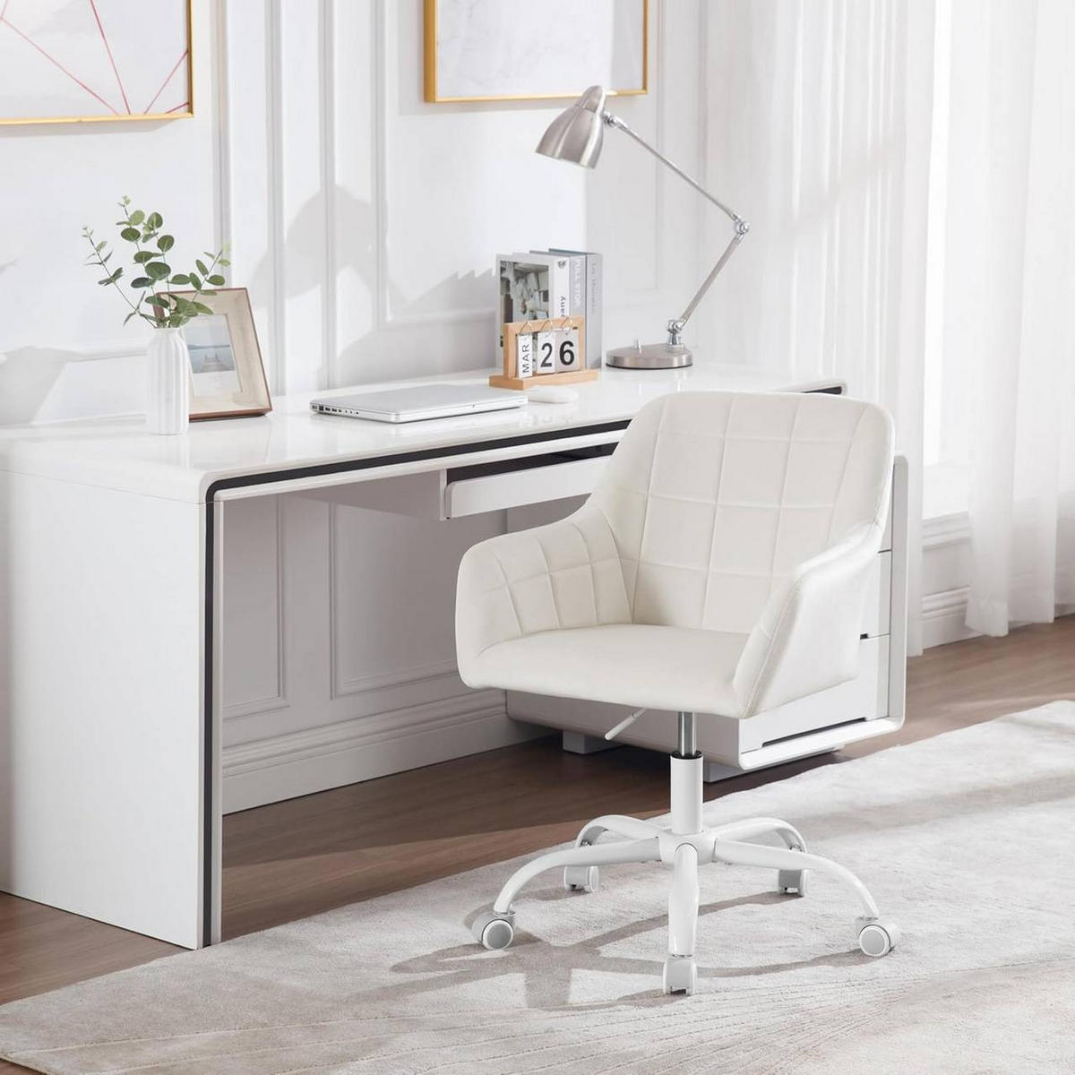 DREHSTUHL drehbar, Bürostuhl ergonomisch, Samt, Cremeweiß - Creme/Weiß, Kunststoff/Textil (58/77/61cm) - Woltu