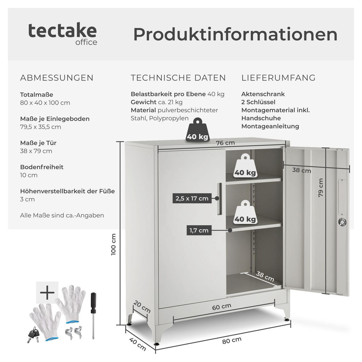 AKTENSCHRANK Blake, Kippschutz, höhenverstellbare Füße, grau - Grau, Metall (80/100/40cm) - tectake