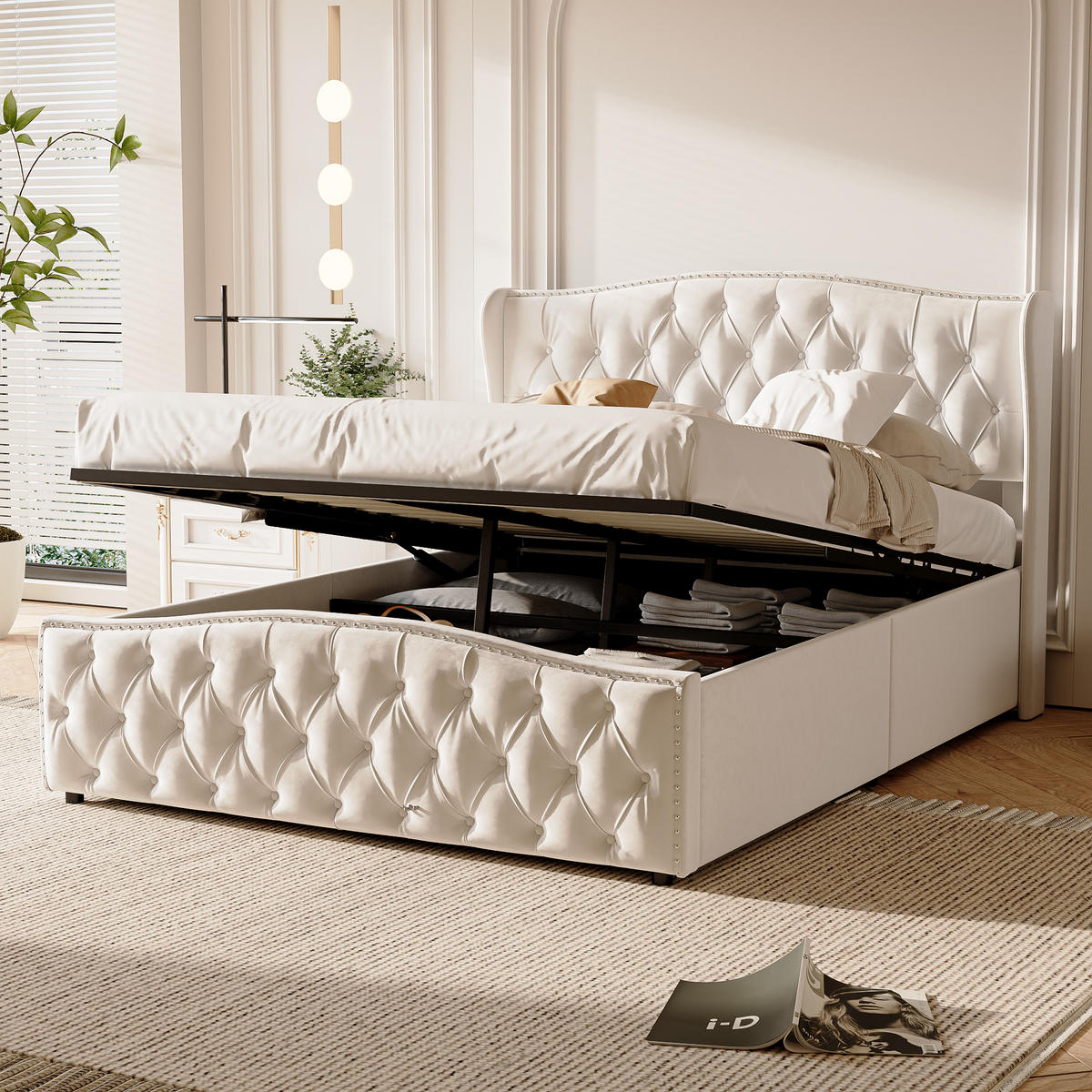 STAURAUMBETT 140x200 cm mit Bettkasten Samt Beige Doppelbett Stauraumbett - Beige, Holz (140/200cm) - PARAFTA HOME