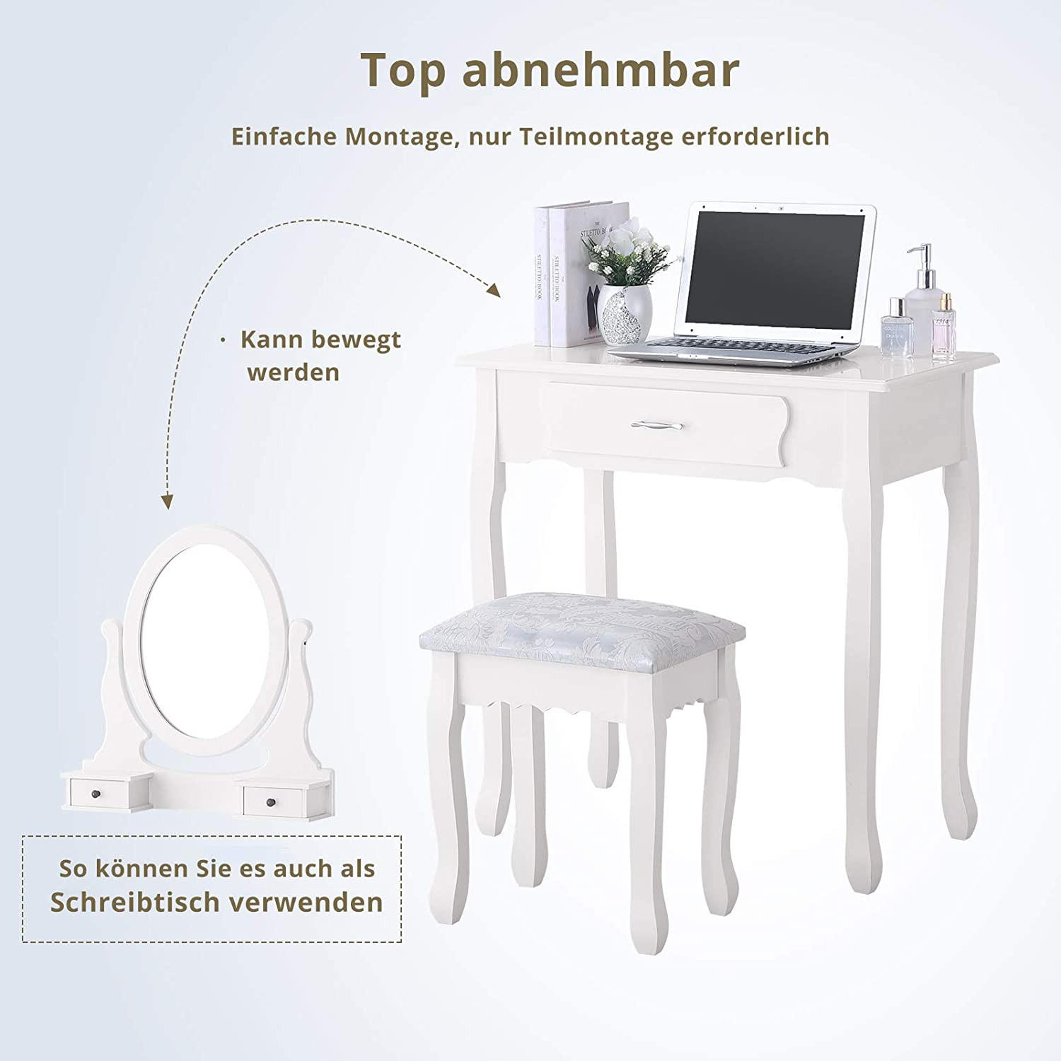 SCHMINKTISCH mit Spiegel und Hocker, 3 Schublade, weiß - Weiß, Holz (40/136/75cm)