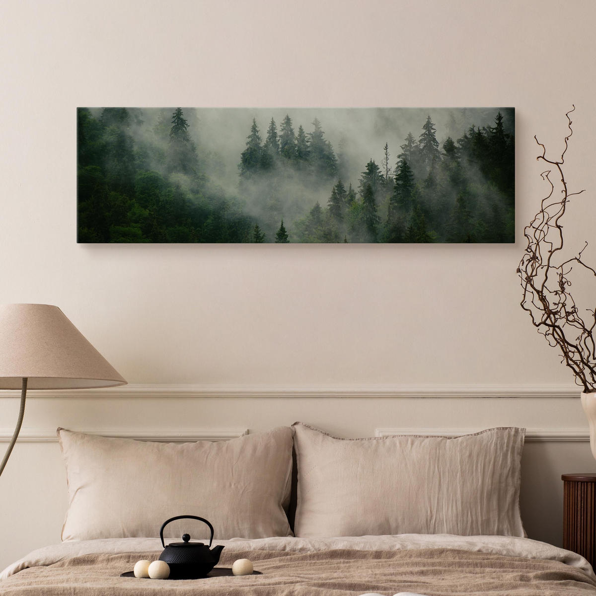 PANORAMABILD Wald im Nebel Bäume Natur 3D 145x45 cm - Grün, Textil (145/45cm) - Muralo