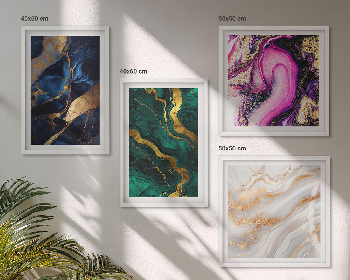 BILDER SET 4er Set - 50x50 cm & 40x60 cm Weißer Rahmen - Abstrakter Marmor mit Farben - Weiß, Kunststoff (50/50cm) - TULUP