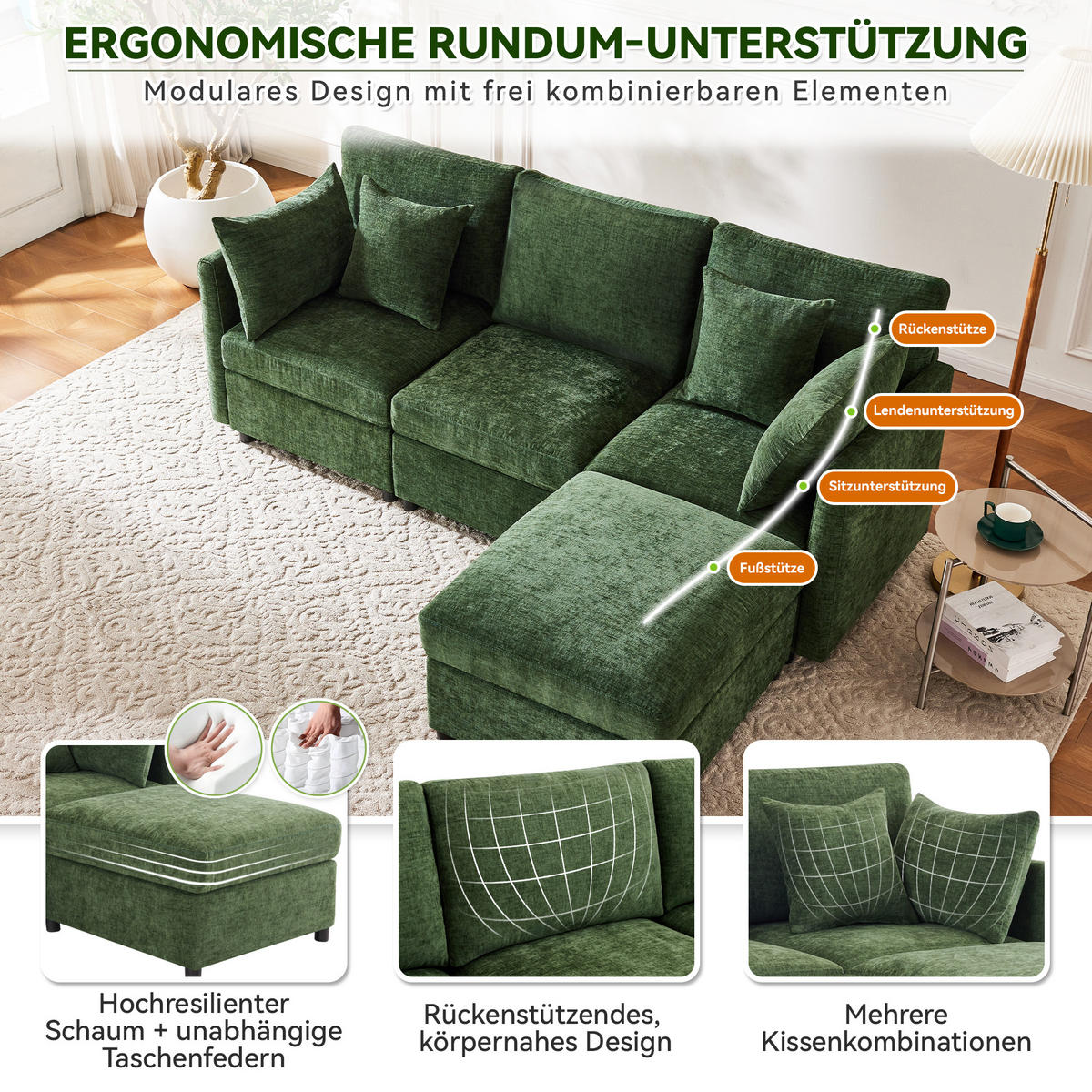 ECKSOFA 216/161/81 cm Grün mit beweglicher Fußhocker - Grün, Textil (216/161cm) - Oxeza