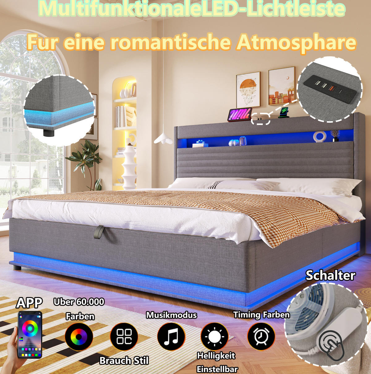 POLSTERBETT 180/200 cm Grau mit LED-Beleuchtung, USB- und Typ-C-Anschluss, hydraulischem Stauraum und Leinenbezug - Grau, Textil (180/200cm) - OKMYHOME