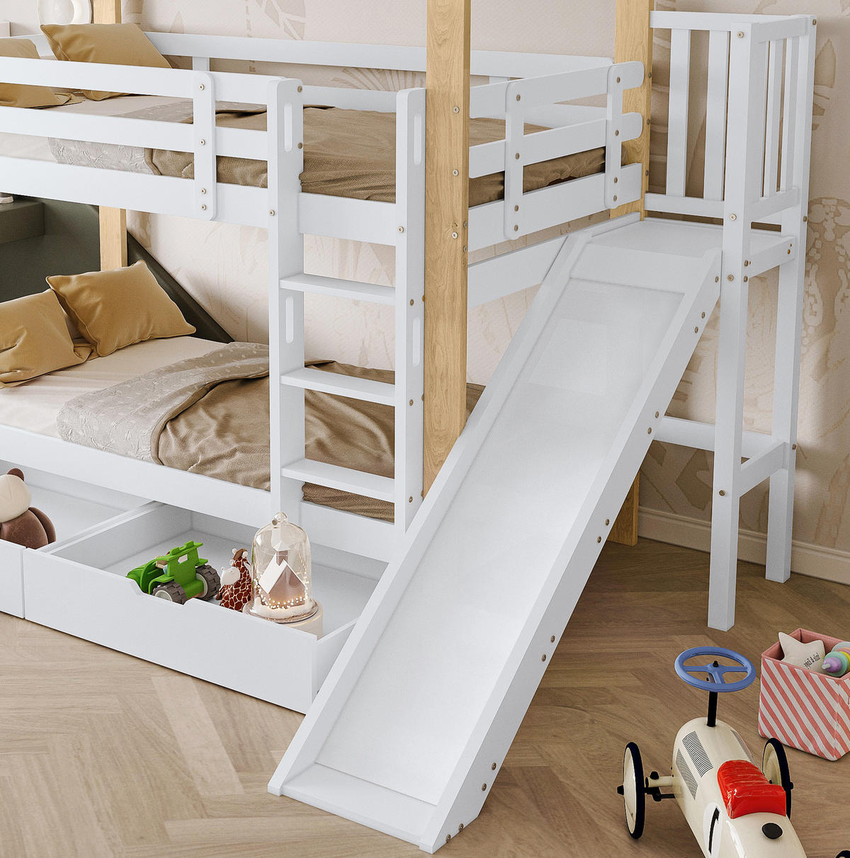 PATROVÁ postel 90/200 cm bílá a přírodní z masivu a MDF se skluzavkou a úložnými zásuvkami - bílá, dřevo (90/200cm) - OKWISH