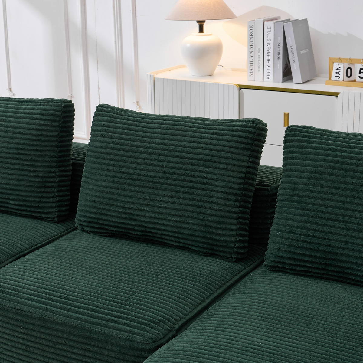 2-SITZER ECKSOFA Cord Retrogrün mit 3 Kissen und 2 Becherhalter - Jadegrün, Textil (265/176cm) - WISHDOR