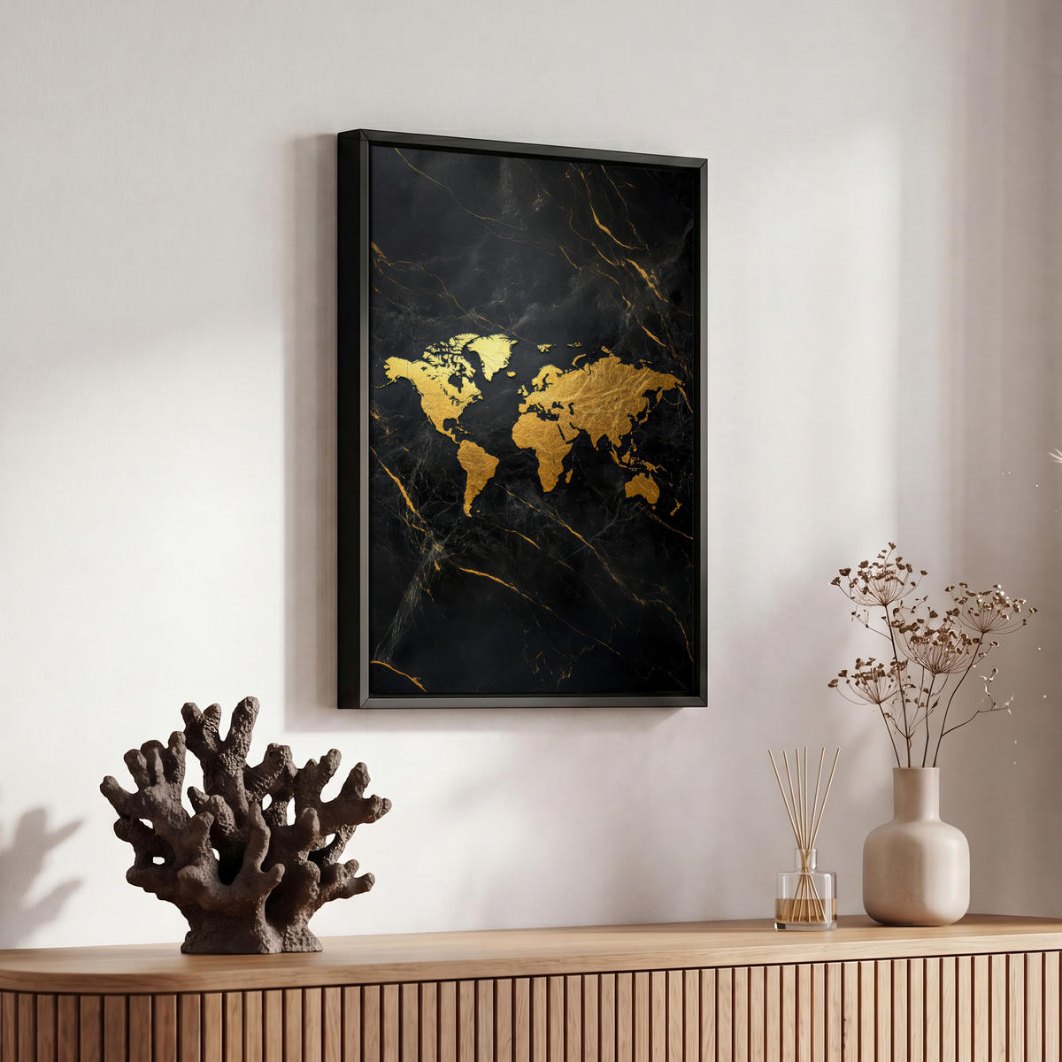 LEINWAND Bilder mit Rahmen - Weltkarte - Gold - Marmor - 20x30 - Goldfarben, Textil (20/30cm) - MuchoWow