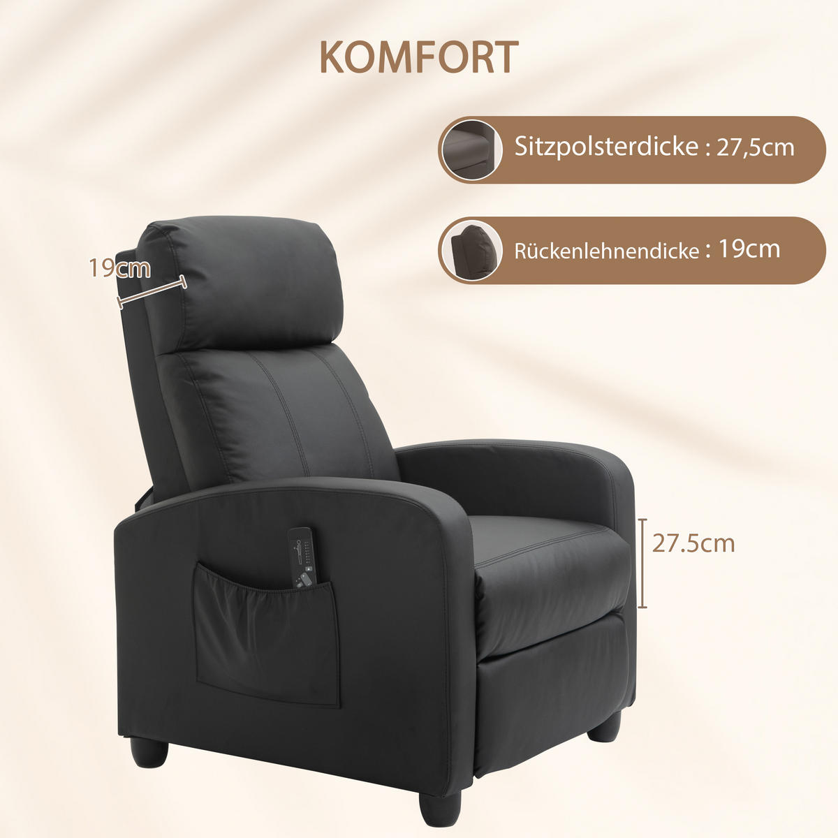 MASSAGESESSEL mit Liegefunktion, Relaxsessel mit Massagefunktion, Fernsehsessel - Schwarz, Leder/Kunststoff (88/98/68cm) - HOMCOM