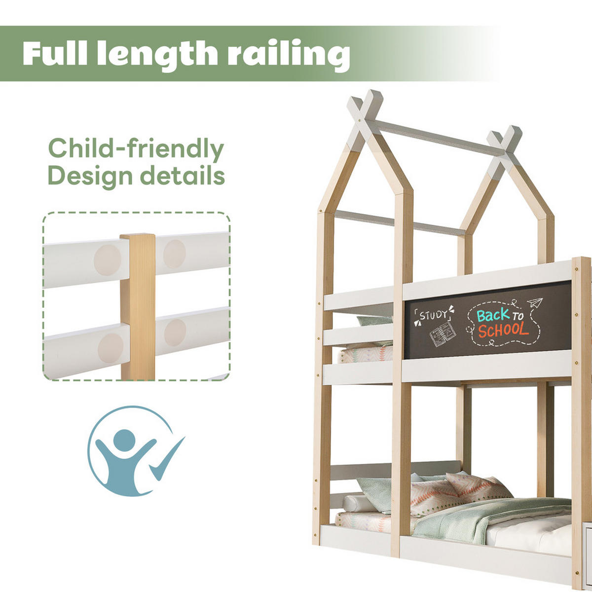 ETAGENBETT 90x200cm Baumhaus Design mit Tafel Rausfallschutz Natur Weiß - Weiß, Holz - FLIEKS