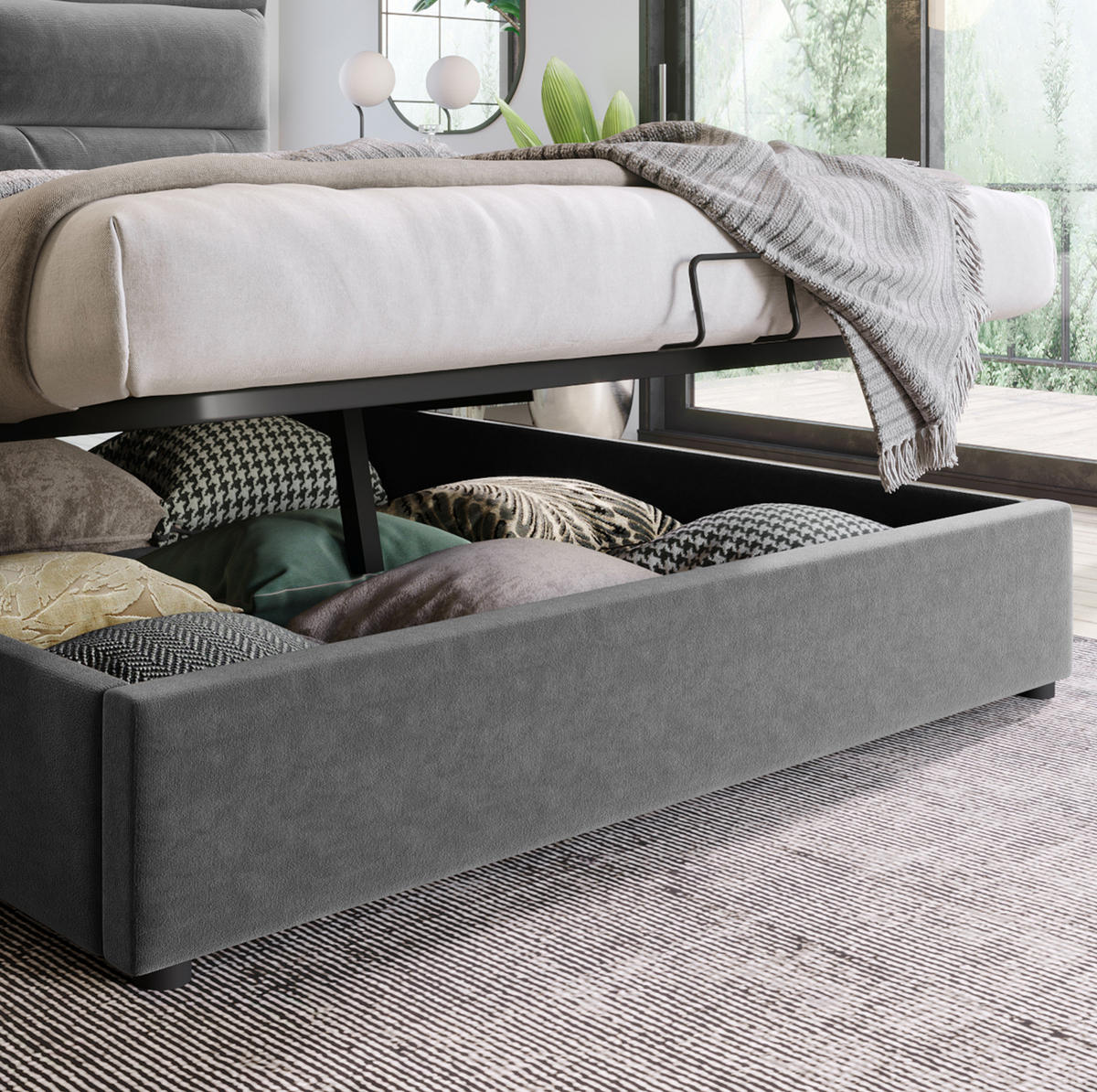 POLSTERBETT 140/200 cm Grau aus Samt mit Bettkasten - Grau, Textil (140/200cm) - OKMYHOME