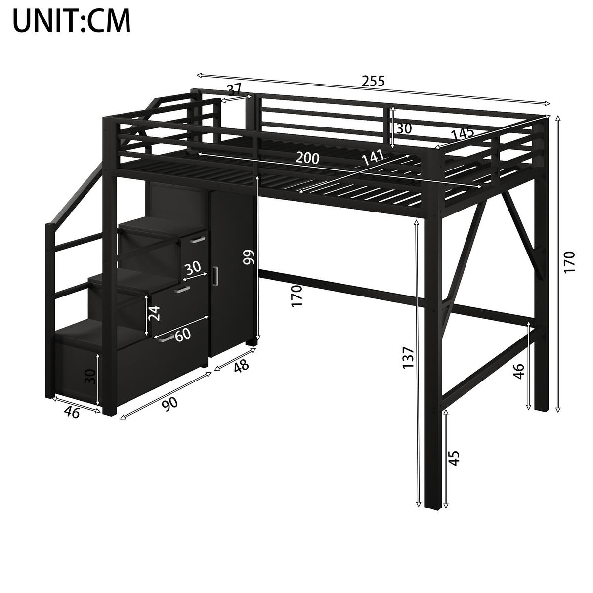 HOCHBETT 140/200 cm in Schwarz mit Kleiderschrank, Staufächern und LED aus Metall im geradlinigen Design - Schwarz, Holzwerkstoff/Metall (140/200cm) - STILVORA