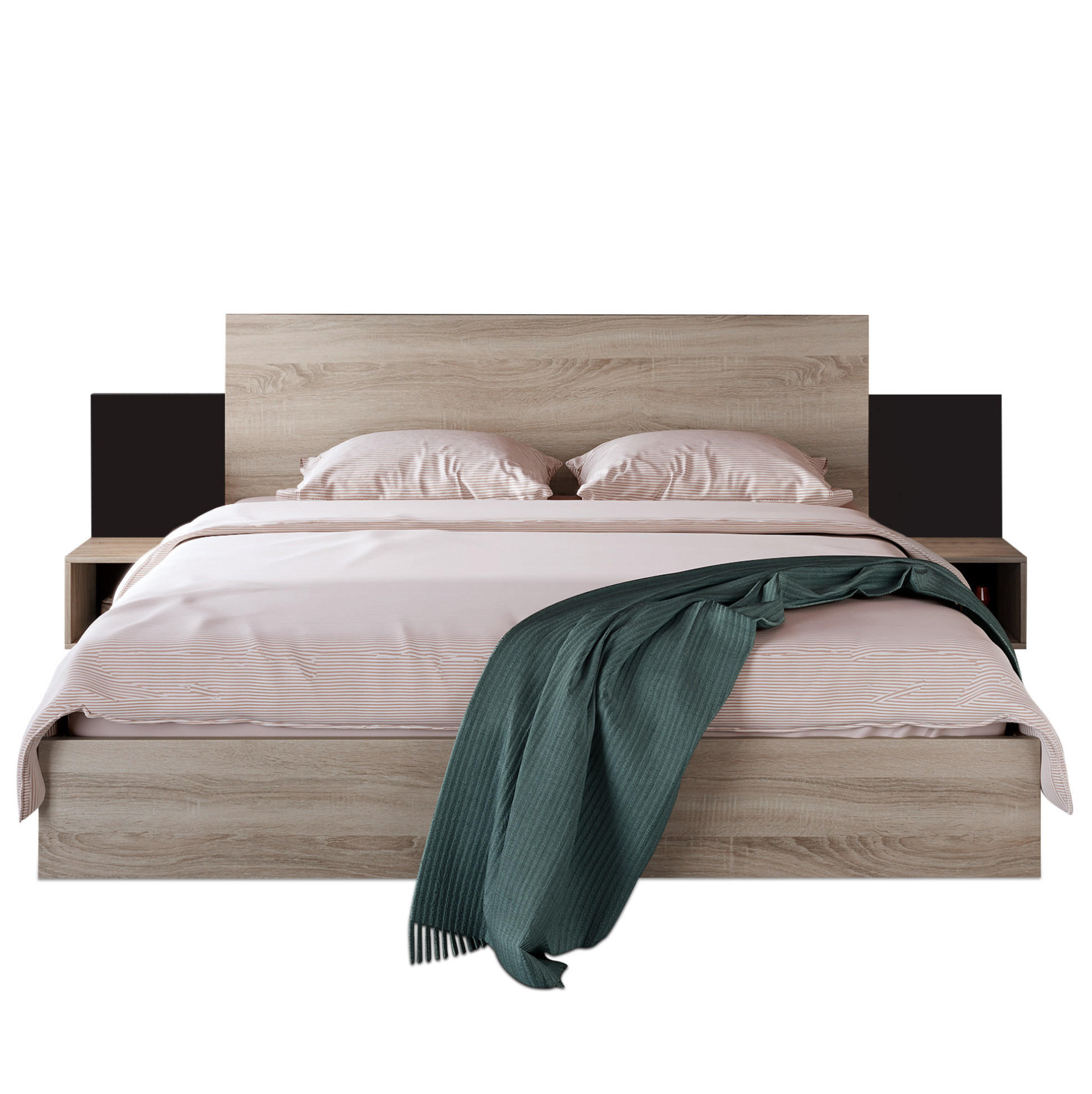 DOPPELBETT 160/200 cm mit 2 integrierten Nachtkommoden und Lattenrost, Massivholz in Sonoma-Eiche/Dunkelgrau - Dunkelgrau, Holz (160/200cm) - Redom