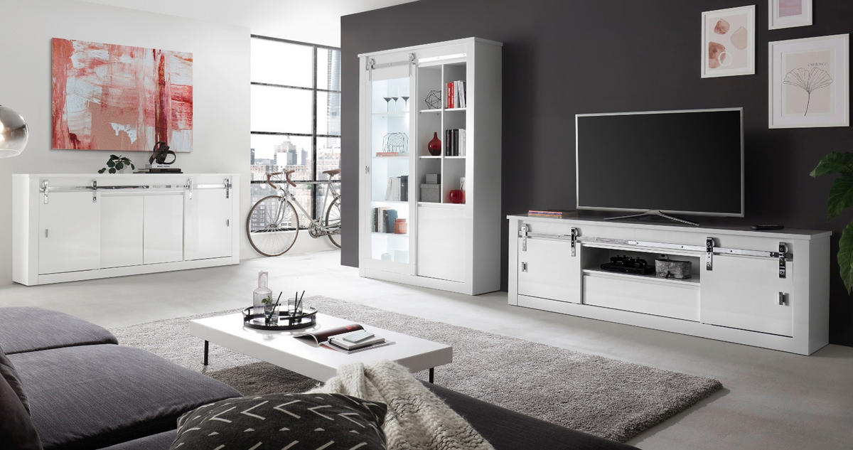 SIDEBOARD weiß Hochglanz 201 x 92 cm, Kommode mit Soft-Close - Chromfarben/Weiß Hochglanz, Holzwerkstoff/Kunststoff (201/92/43cm) - Furn.Design