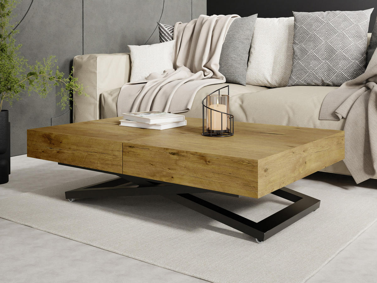 COUCHTISCH Cavetta U höhenverstellbar ausziehbar, Lancelot Eiche 120-200/80/27-76 cm - Eichefarben/Schwarz, Holzwerkstoff/Metall (80/120/76cm) - WFL GROUP